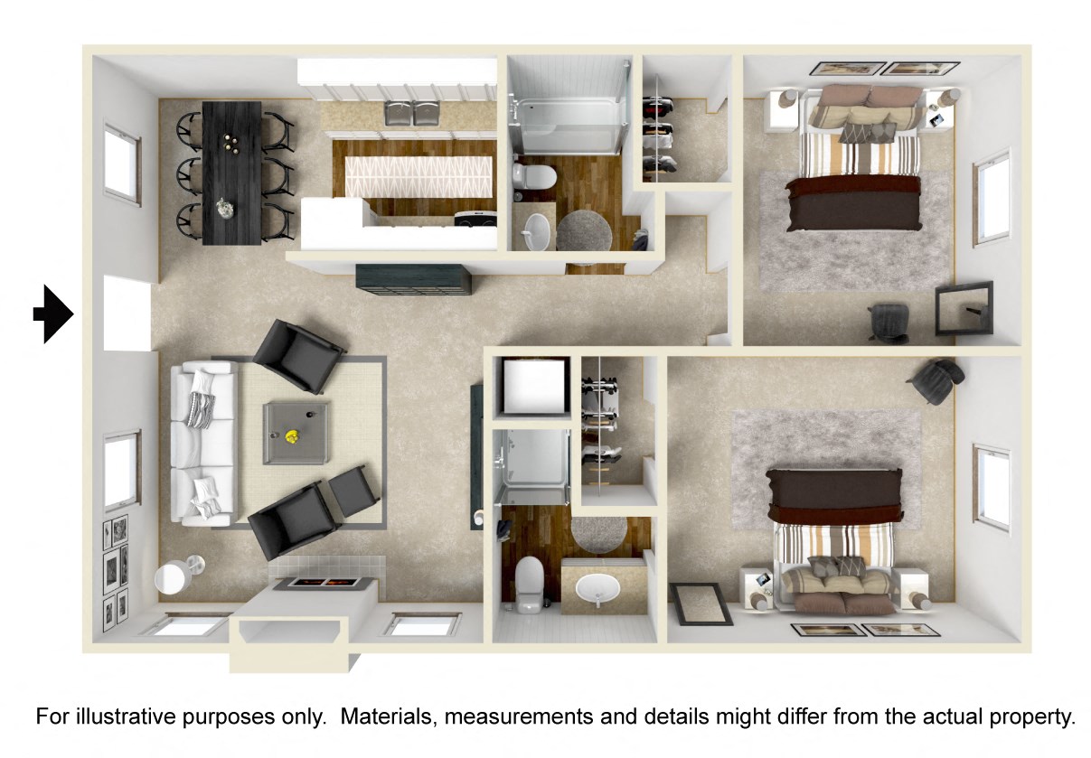 Floor plan for 2 beds, 2 baths, 924 sqft